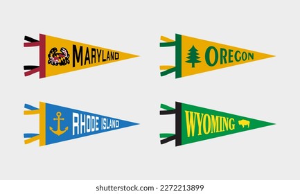 Set of sports USA team pennants. Retro sports colors labels. Vintage hand drawn wanderlust style. Isolated on white background. Maryland, Oregon, Rhode Island, Wyoming.