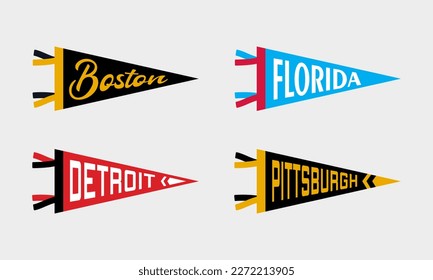 Set of sports USA team pennants. Retro sports colors labels. Vintage hand drawn wanderlust style. Isolated on white background. Boston, Florida, Detroit, Pittsburgh