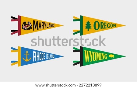 Set of sports USA team pennants. Retro sports colors labels. Vintage hand drawn wanderlust style. Isolated on white background. Maryland, Oregon, Rhode Island, Wyoming.