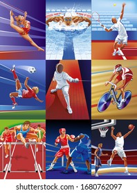 Set of sports vector illustrations. 9 sports: gymnastics, swimming, lawn tennis, football, fencing, track Cycling, steeplechase, Boxing, basketball