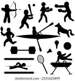 A set of sports vector illustrations. Silhouette. Rowing, baseball, an athlete carries the Olympic flame, crawl swimming, swinging legs on a gymnastics pommel horse. Outline on isolated background. 