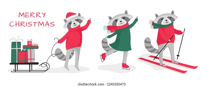 Set of sports vector raccoons on  isolated on white background. Happy New Year and Merry Christmas! Vector flat cartoon illustration.