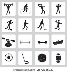 
Set of sports web icons.  Filled glyph icons. Weightlifting, cycling, football, volleyball, rugby, hockey, running, kayaking, barbell, dumbbell, soccer ball, volleyball, rugby ball, soccer boot, stic