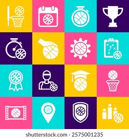 Set Sports winner podium, Basketball ball and basket, Planning strategy, Stopwatch with basketball, Hand,  and concept icon. Vector