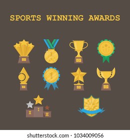 Set of sports winning awards icons on a dark background. Champion cups and golden medal flat design for Success winner.