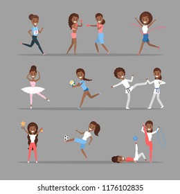 Set of sports women. African american girls doing different kind of sport: play basketball, boxing, running and winning the competition. Gymnastics and ballet. Flat vector illustration