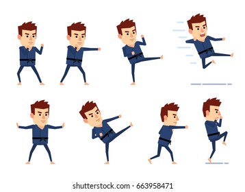 Set of sportsman in blue kimono characters showing diverse actions. Funny martial art expert attacking, kicking, jumping and showing other actions. Simple vector illustration