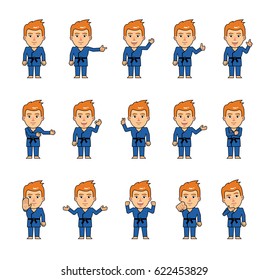 Set of sportsman characters in blue kimono showing various hand gestures. Funny martial art expert pointing, greeting, showing victory, stop sign and other hand gestures. Simple vector illustration