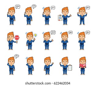 Set of sportsman characters in blue kimono showing various actions, emotions. Martial art expert talking on phone, thinking, laughing, surprised and doing other actions. Simple vector illustration