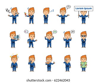 Set of sportsman characters in blue kimono showing various actions, emotions. Martial art expert singing, sleeping, holding banner, loudspeaker, map and doing other actions. Simple vector illustration