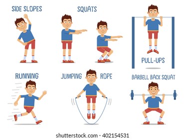 Set of sportsman characters making different physical exercises. Sportsman training, workout, jumping rope, running, pull ups, squats, healthy lifestyle. Flat style vector illustration