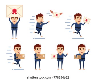 Set of sportsman characters posing with mail. Funny karate man holding letter, parcel box, running and showing other actions. Flat style vector illustration