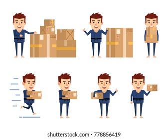 Set of sportsman characters posing with parcel boxes. Cheerful karate man holding package, running, pointing and showing other actions. Flat style vector illustration