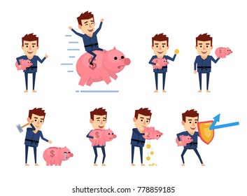 Set of sportsman characters posing with piggy bank. Cheerful karate man holding piggy bank, saving money, putting coins and showing other actions. Flat style vector illustration