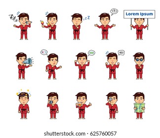 Set of sportsman characters in red kimono showing various actions, emotions. Funny martial art expert celebrating, holding placard, loudspeaker and doing other actions. Simple vector illustration