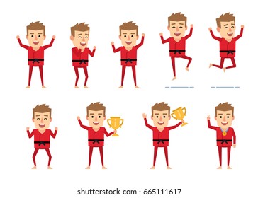 Set of sportsman characters in red kimono showing diverse actions. Funny sportsman celebrating victory, jumping, holding cup, medal and showing other actions. Simple vector illustration