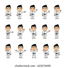 Set of sportsman characters in white kimono showing various hand gestures. Martial art expert showing thumb up, pointing, greeting, victory sign and other hand gestures. Simple vector illustration