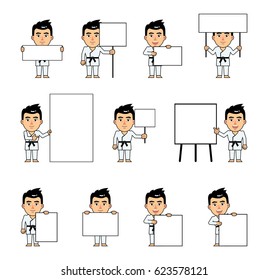 Set of sportsman characters in white kimono posing with various blank banners. Martial art expert holding paper, poster, placard, pointing to whiteboard. Teach, advertise. Simple vector illustration