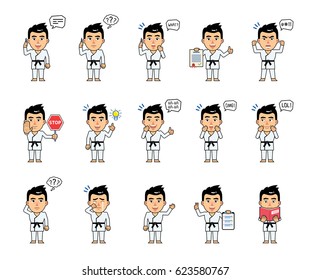 Set of sportsman characters in white kimono showing various actions, emotions. Martial art expert talking on phone, thinking, angry, reading a book and doing other actions. Simple vector illustration