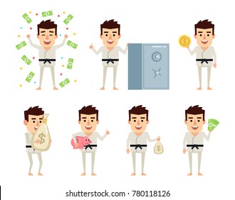 Set of sportsman characters in white kimono posing with money. Funny karate man holding bag of money, piggy bank, coin and showing other actions. Flat vector illustration