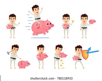 Set of sportsman characters in white kimono posing with piggy bank. Cheerful karate man holding piggy bank, saving money, putting coins and showing other actions. Flat vector illustration