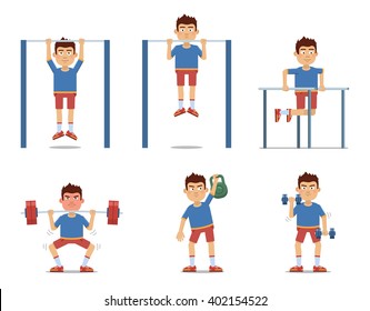 Set of sportsman making different physical exercises. Cheerful sportsman making pull-ups, push ups, workout, weight lifting, barbell, dumbbell training. Flat style vector illustration