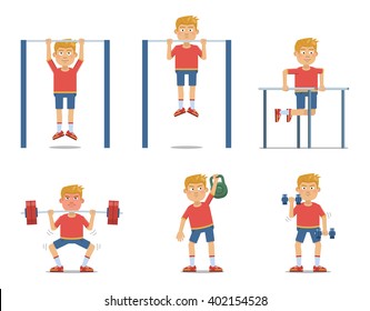 Set of sportsman making different physical exercises. Cheerful sportsman making pull-ups, push ups, workout, weight lifting, barbell, dumbbell training. Flat style vector illustration
