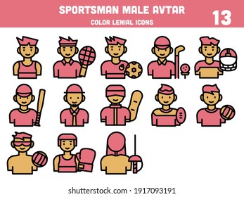 Set Of Sportsman Male Character Icons In Red And Yellow Color.