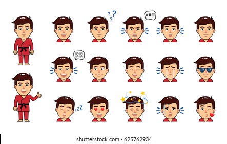 Set of sportsman in red kimono emoticons. Martial art expert emojis showing various facial expressions. Happy, sad, laugh, surprised, serious, dazed and other emotions. Simple vector illustration
