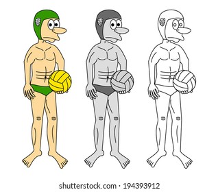 Set of sportsman - waterpolo. Cartoon water polo player with a green cap and bathing suit and ball, vector art image illustration, isolated on white background, colorful, grayscale and outline design