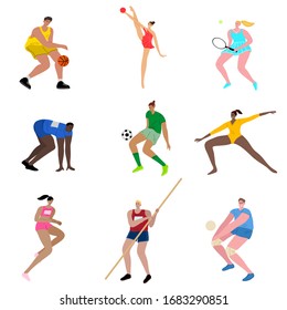 Set of sportsmen doing various kinds of sports activities. Vector illustration in flat cartoon style