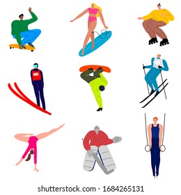 Set of sportsmen doing various kinds of sport activities. Vector illustration in flat cartoon style