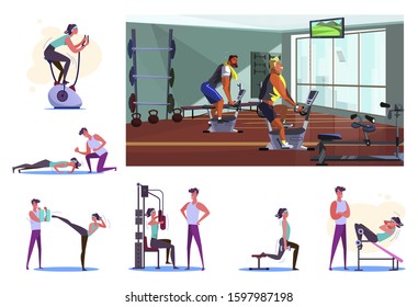 Set of sportsmen during workout at gym. Flat vector illustrations of people training with trainer or alone. Sport concept for banner, website design or landing web page