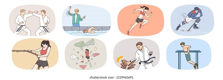 Set of sportsmen exercise training for better performance and results. Collection of young people athletes do sports workout follow healthy lifestyle. Physical activity. Flat vector illustration. 