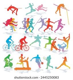 Set of sportsmen, gymnasts, track and field athletes, joggers, footballers, cyclists, illustration