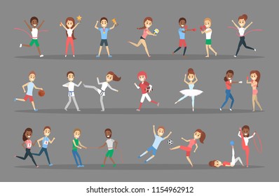 Set of sportsmen. People doing different kind of sport: play basketball, doing gymnastic, running and winning the competition. Flat vector illustration