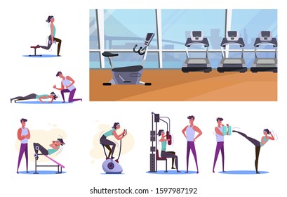 Set of sportsmen training at gym. Flat vector illustrations of young woman exercising with trainer and alone. Sport concept for banner, website design or landing web page