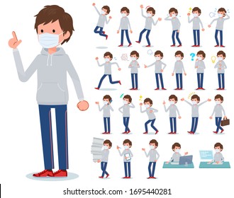 A set of sportswear men wearing mask with who express various emotions.There are actions related to workplaces and personal computers.It's vector art so it's easy to edit.