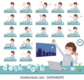 A set of sportswear men wearing mask on desk work.There are various actions such as feelings and fatigue.It's vector art so it's easy to edit.
