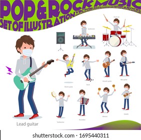 A set of sportswear men wearing mask playing rock 'n' roll and pop music.There are also various instruments such as ukulele and tambourine.It's vector art so it's easy to edit.