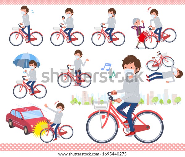 A set of sportswear men wearing mask riding a city\
cycle.There are actions on manners and troubles.It\'s vector art so\
it\'s easy to edit.