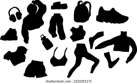 Set of sportswear, sneakers and props made in black vector for design 