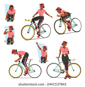 Conjunto de Deportista Ciclista Personaje Femenino Con Determinación Grabado En Su Cara, Monta Su Bicicleta, Beber Agua, Relajarse, Levantar La Mano, Significar Triunfo. Ilustración vectorial de personas de dibujos animados