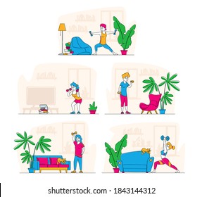 Set of Sportswomen Exercising with Dumbbells Concept. Female Characters in Sportswear Workout with Weight at Home. Sport Activity, Bodybuilding or Gymnastics Class. Linear People Vector Illustration