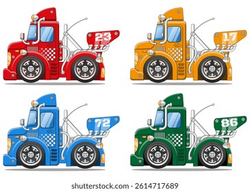 Set of sporty funny trucks. Side view. Isolated on white background. Vector illustration.
