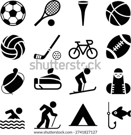A set of sporty icons representing various fitness and recreational activities