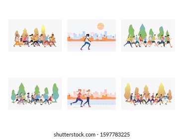 Set of sporty people training outdoors. Flat vector illustrations of sportsmen running, sportswomen roller skating. Sport concept for banner, website design or landing web page