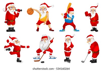 Set of sporty Santa Claus characters playing sports games. Set of cute Santa Claus characters dressed as sportsmen. Santa Claus playing basketball. Vector illustration isolated on white background.