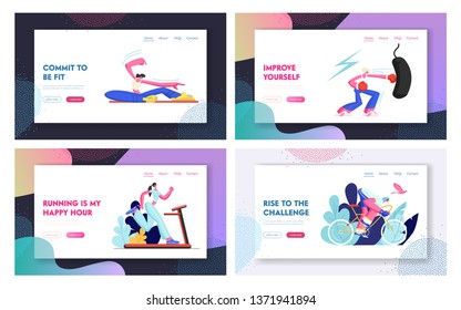 Set of Sporty Website Landing Page and Web Page Templates, Male and Female Characters in Sports Wear Fitness Workout and Healthy Lifestyle, People Engage Sport Cartoon Flat Vector Illustration, Banner