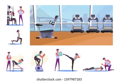 Set of sporty woman training at gym. Flat vector illustrations of young sportswoman training with trainer or alone. Sport concept for banner, website design or landing web page